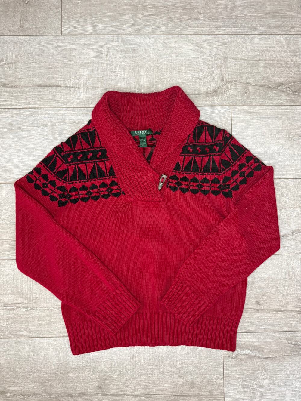 Lauren Ralph Lauren Red Fair Isle Toggle Shawl Sweater
